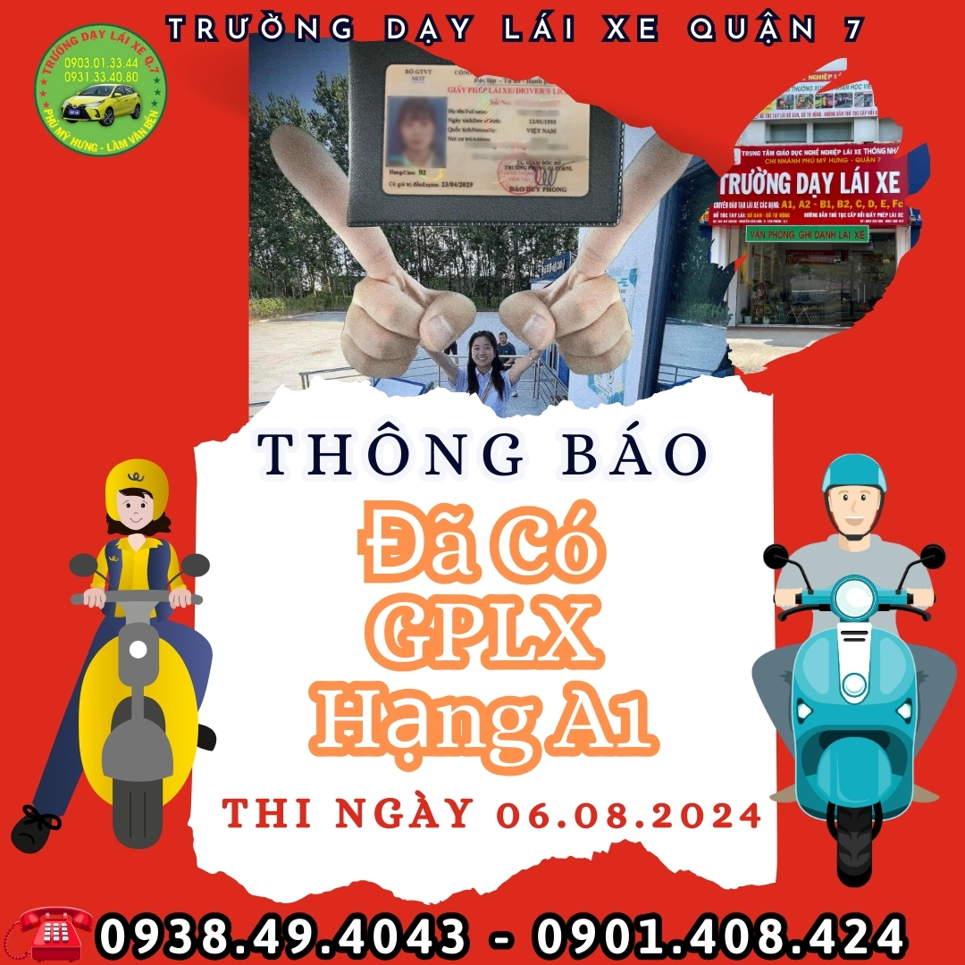 THÔNG BÁO CÓ BẰNG LÁI XE MÁY HẠNG A1 ĐỢT THI 06/08/024